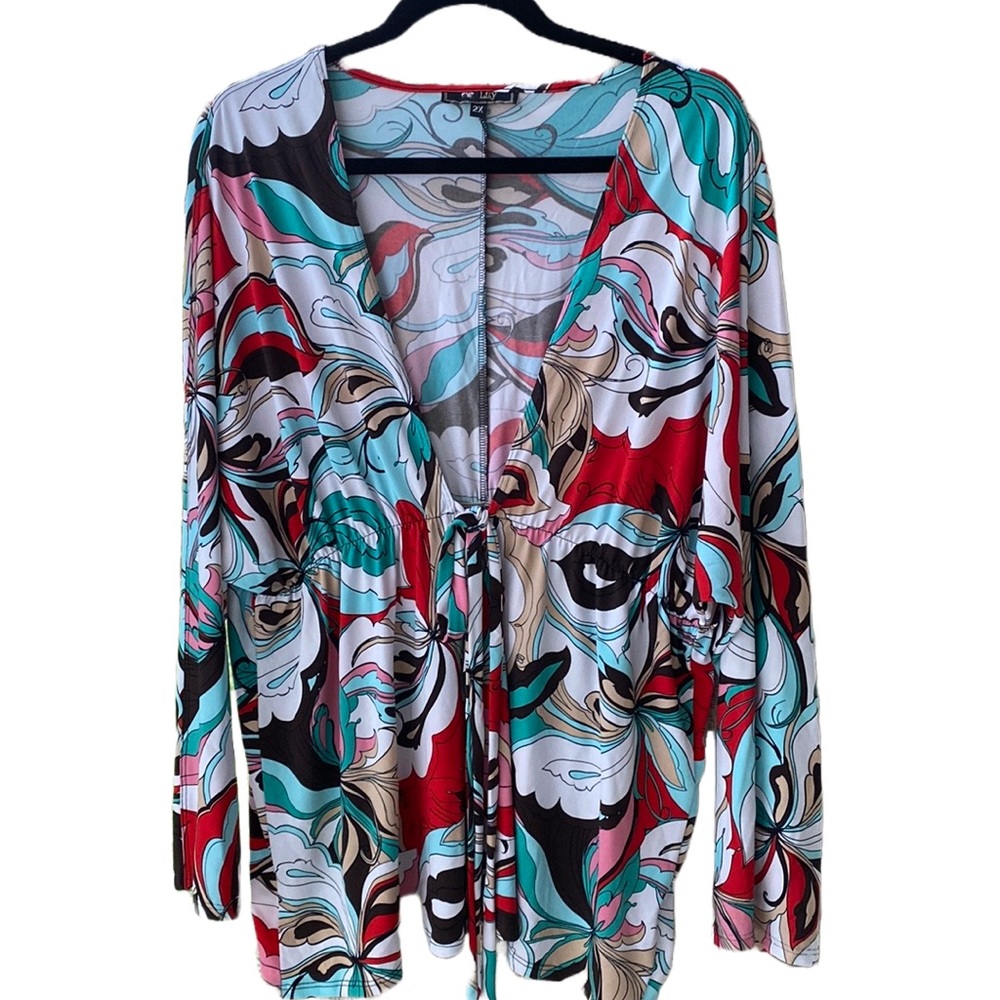 Lily 🩵 Geometric Retro Patterned Long Open Topper, Elastic Waist Front Tie, 2X